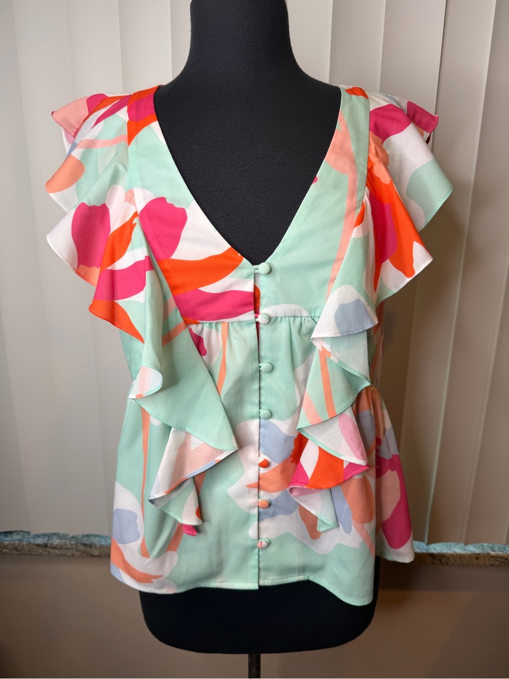 Crosby Mollie Burch Floral Ruffle Button-Front Top Mint Pink Orange SZ Medium